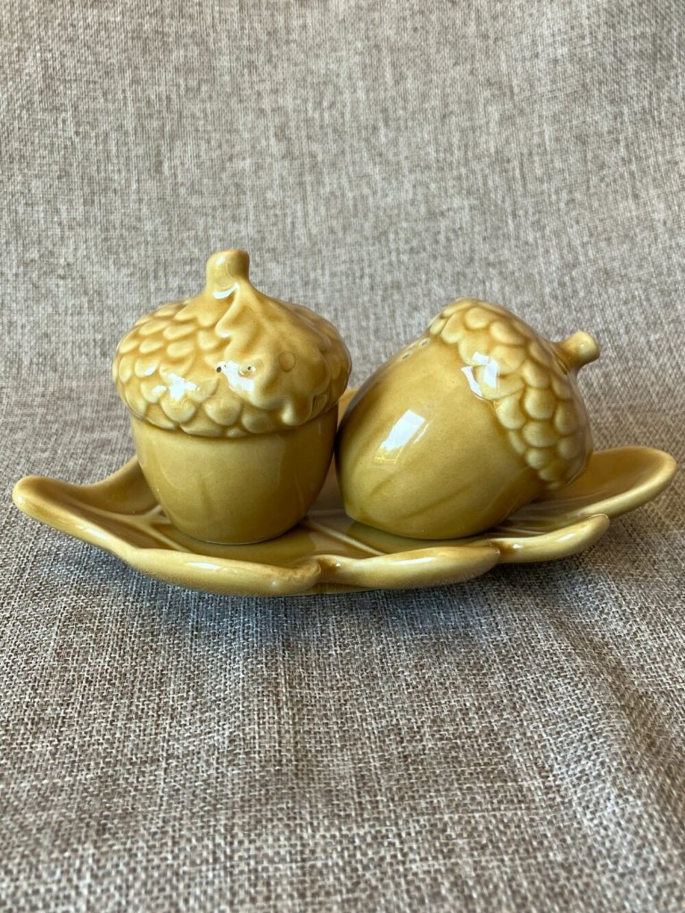 Bee and Willow Acorn Salt and Pepper Shakers with Leaf Tray, Excellent Cond.